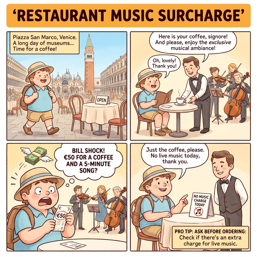 Venice San Marco café comic, elderly couple at piazza-side table with bill, gondolas in canal beyond