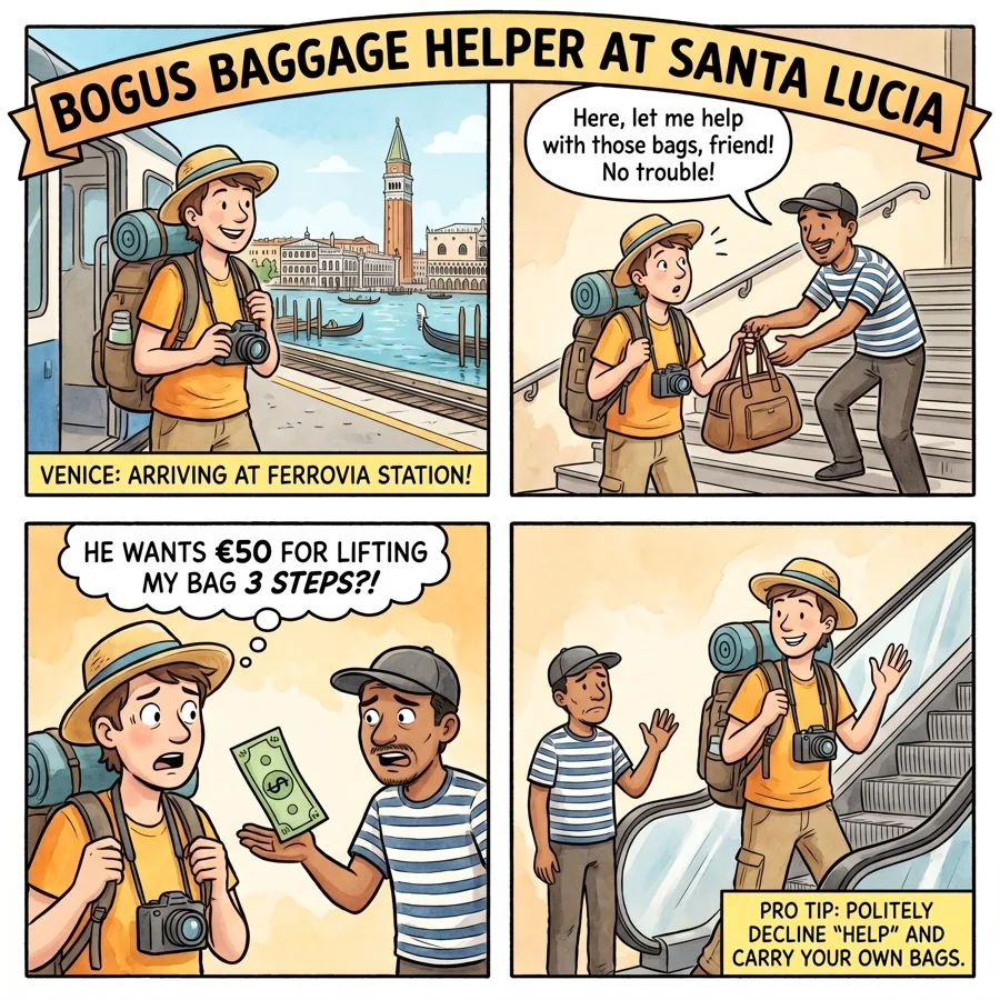 Bogus Baggage Helper at Santa Lucia — comic illustration