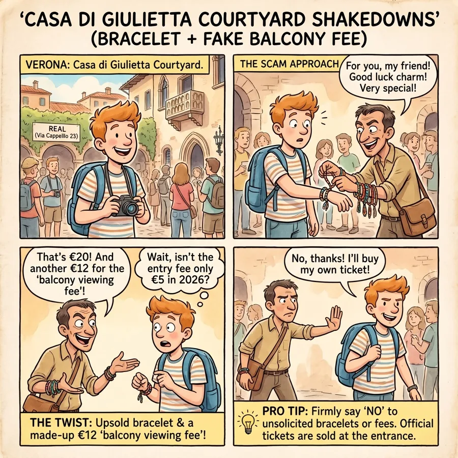 Casa di Giulietta Courtyard Shakedowns (Bracelet + Fake Balcony Fee) — comic illustration