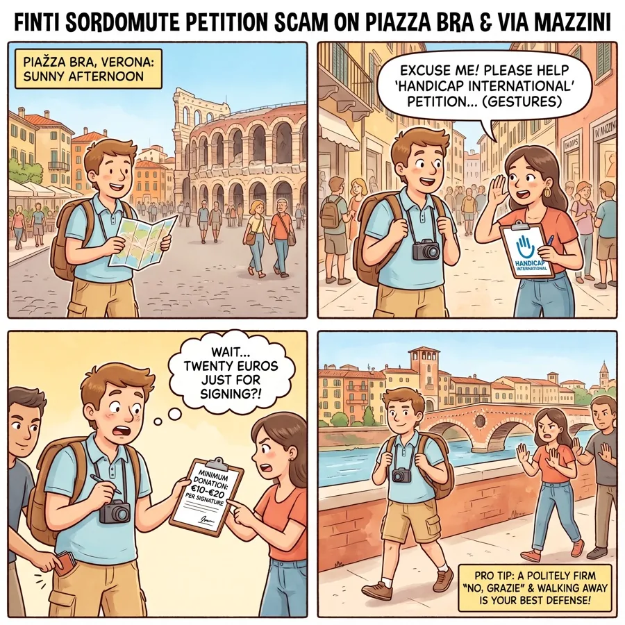 Finti Sordomute Petition Scam on Piazza Bra & Via Mazzini — comic illustration