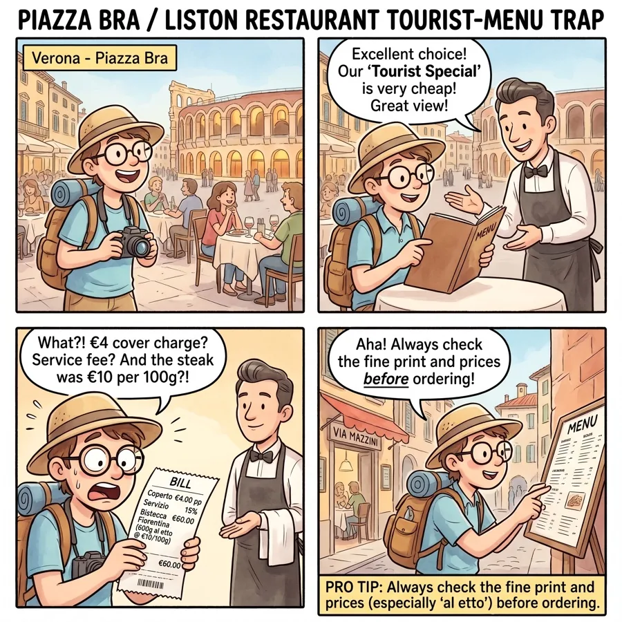 Piazza Bra / Liston Restaurant Tourist-Menu Trap — comic illustration