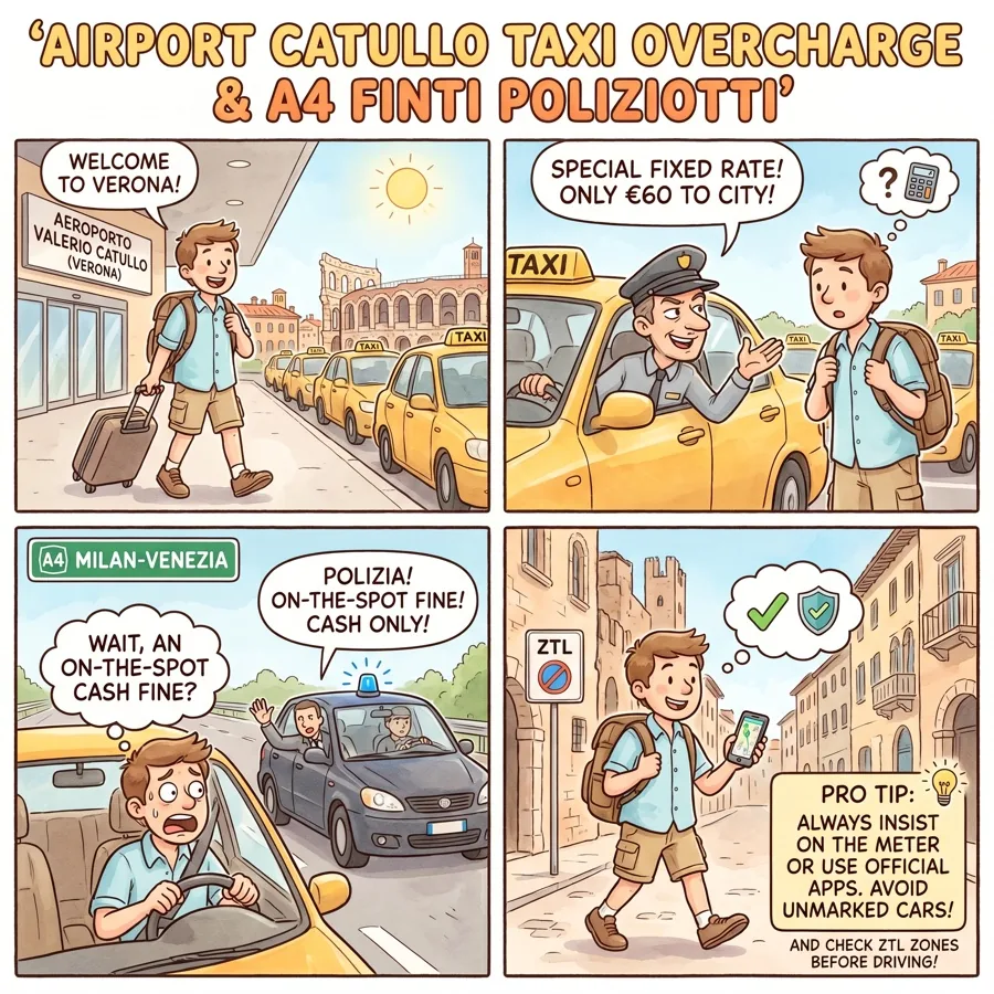 Airport Catullo Taxi Overcharge & A4 Finti Poliziotti — comic illustration
