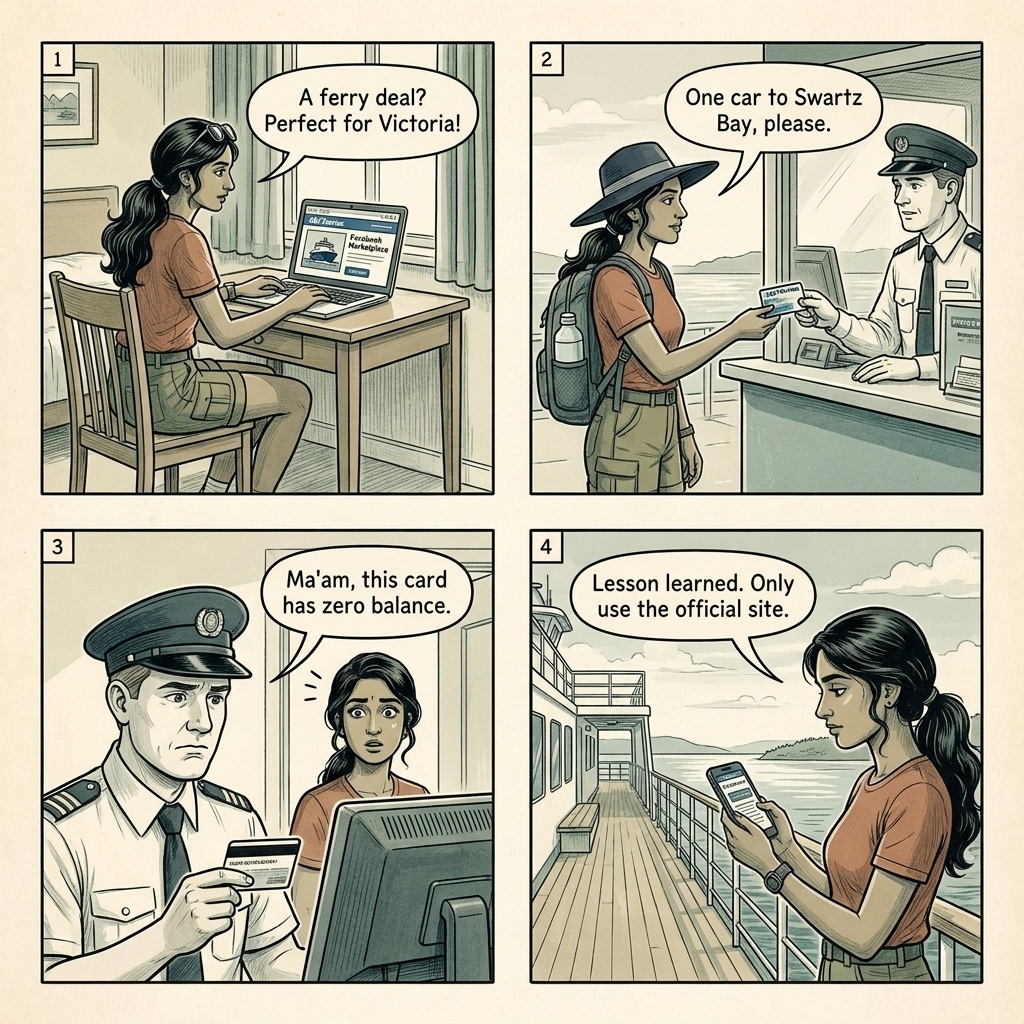 BC Ferries 'Experience Card' & Prepaid Resale Fraud — comic illustration
