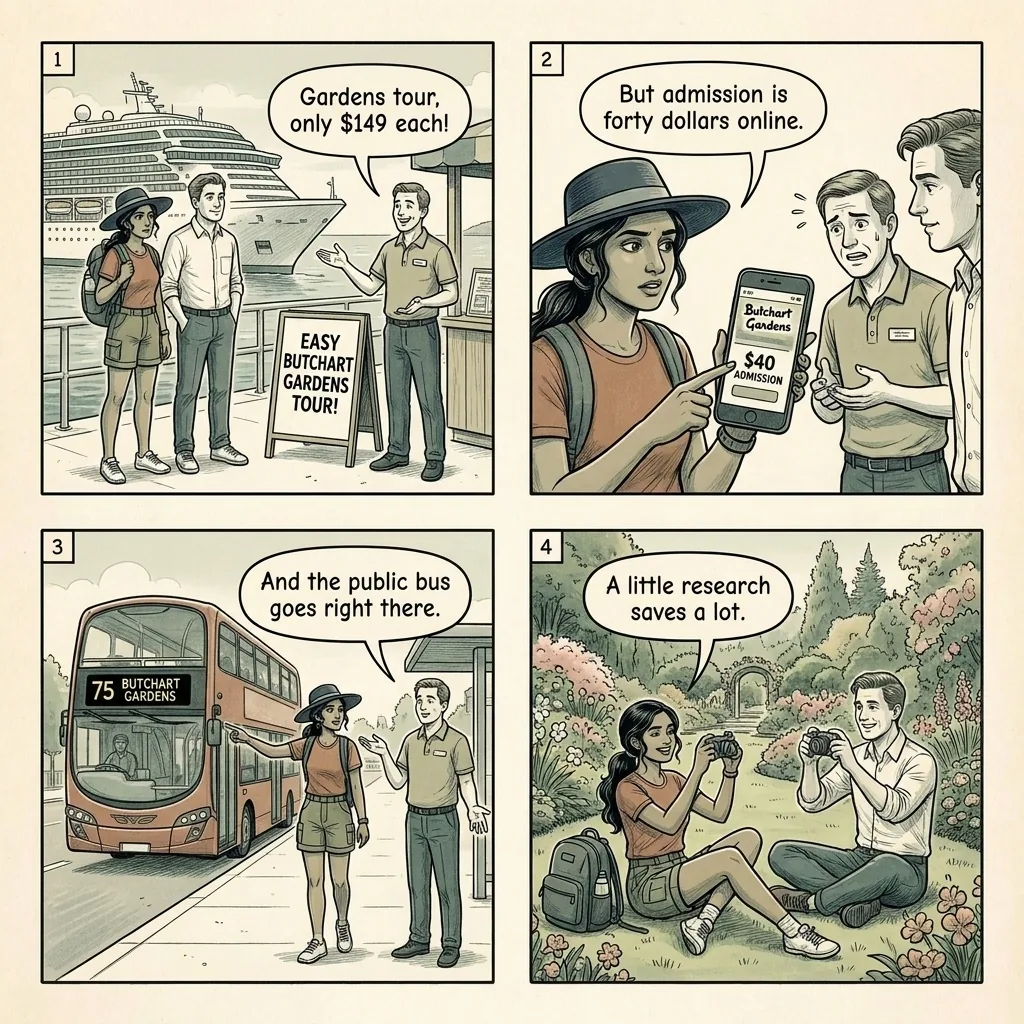 Butchart Gardens Tour Bundle Markups & Cruise-Day Shortages — comic illustration