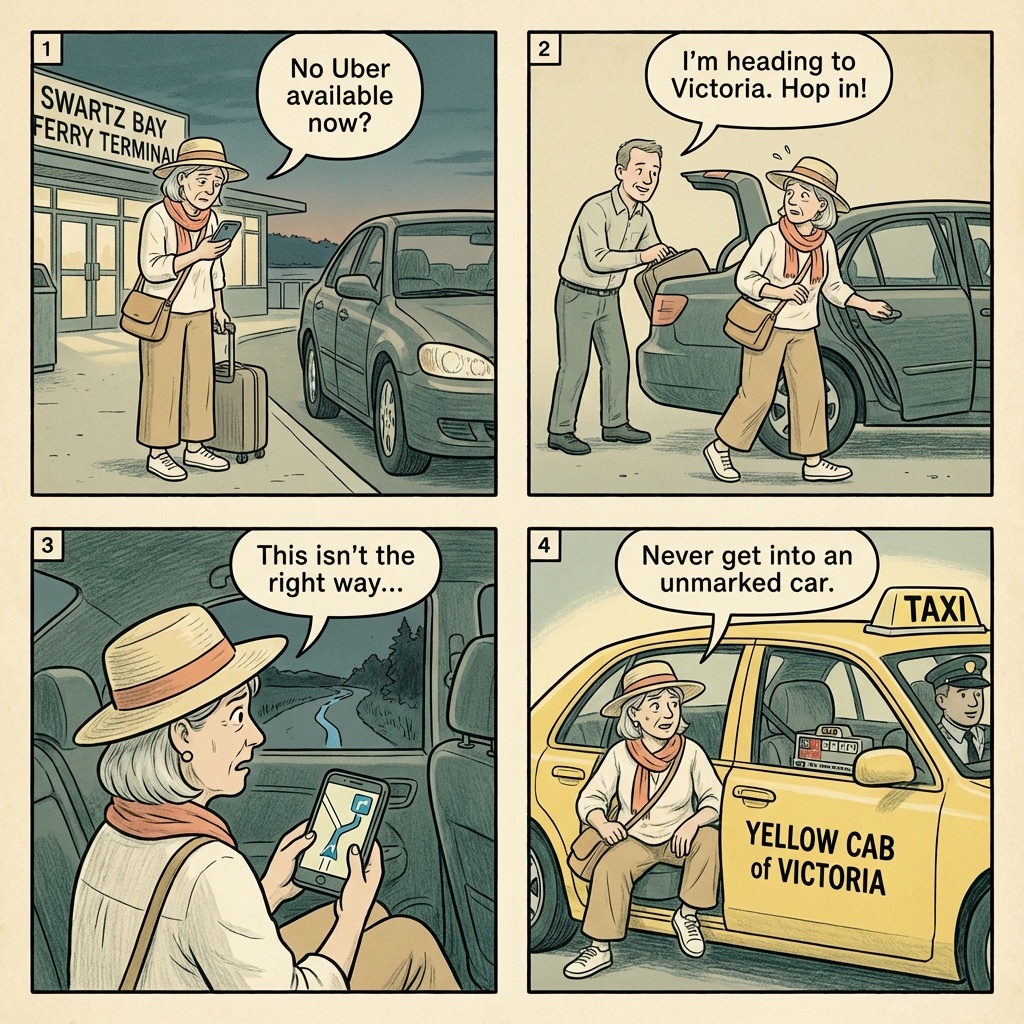 Vancouver Island Trafficking & Stranger-Car Safety Warnings — comic illustration