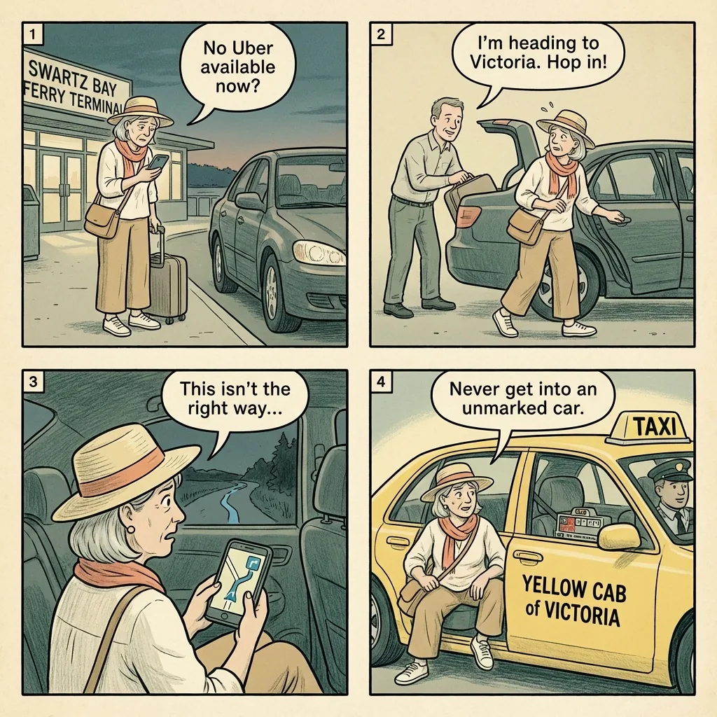 Vancouver Island Trafficking & Stranger-Car Safety Warnings — comic illustration