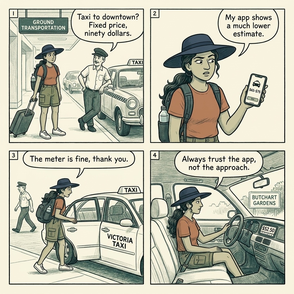 YYJ Victoria Airport & Downtown Taxi Overcharge — comic illustration