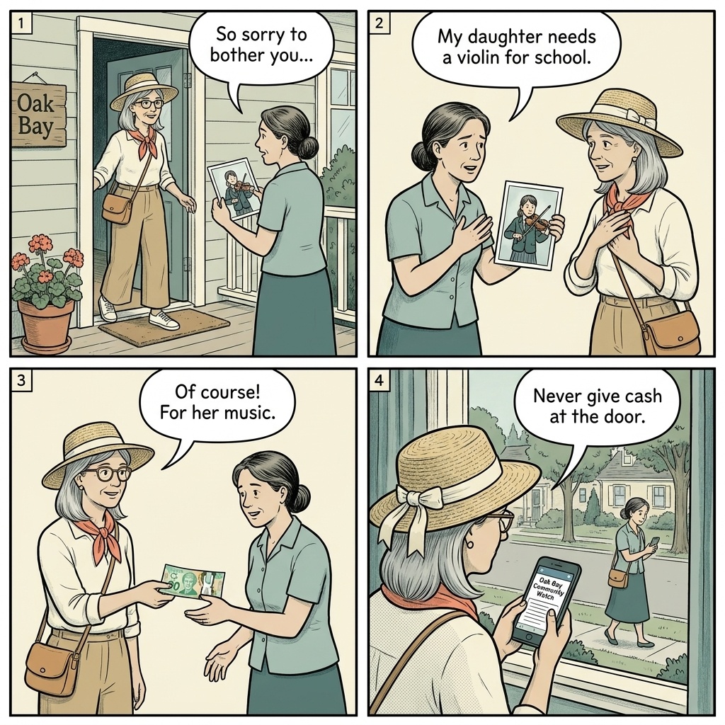 Victoria Apartment Rental & Online Romance/Donation Scams — comic illustration