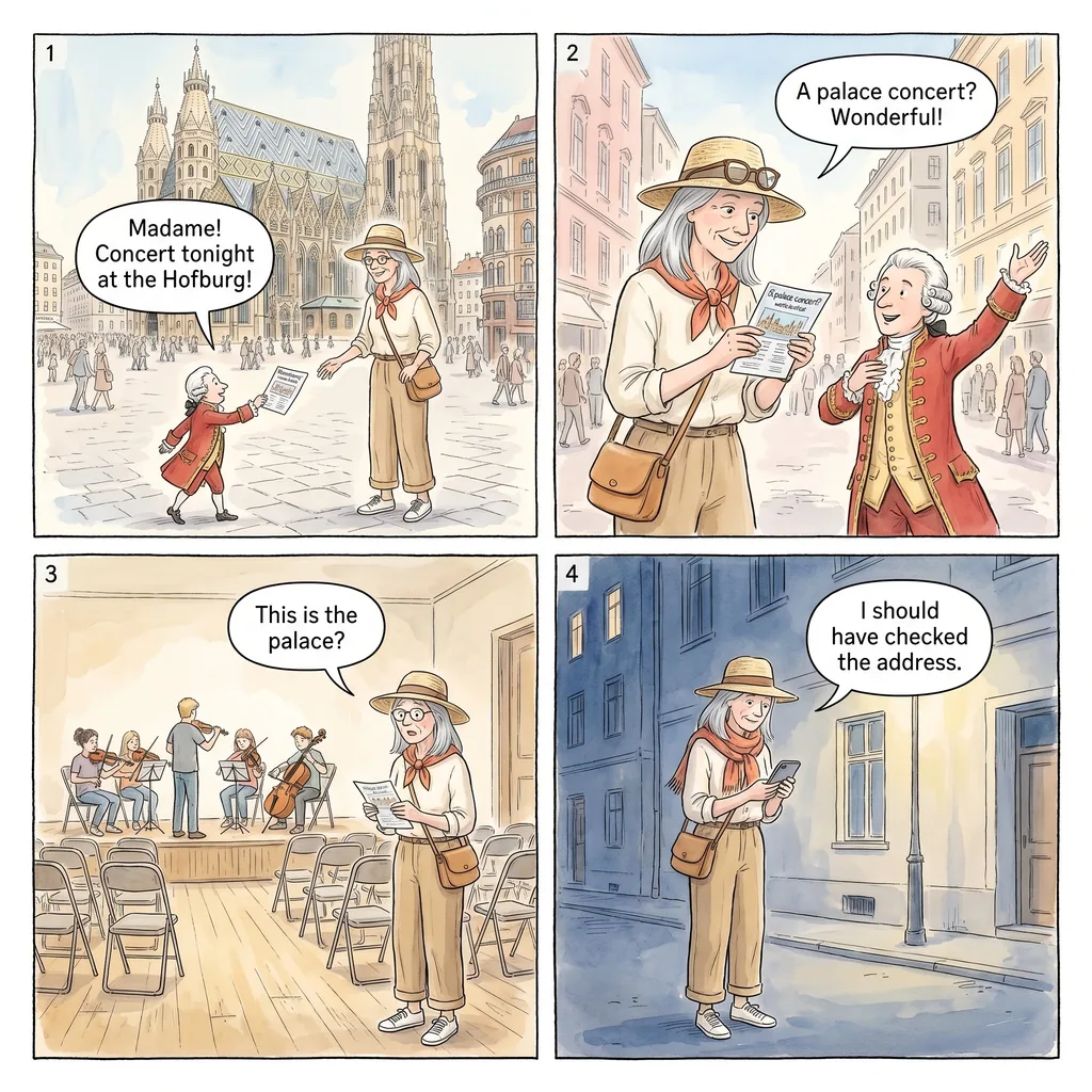 Fake Mozart Ticket Sellers — comic illustration