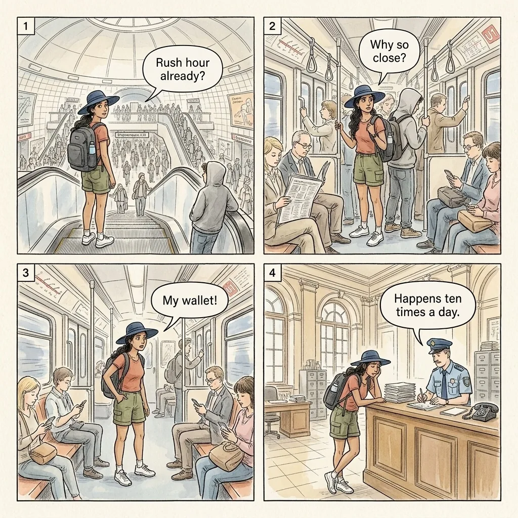 Pickpockets on the U1 & Stephansplatz Escalators — comic illustration