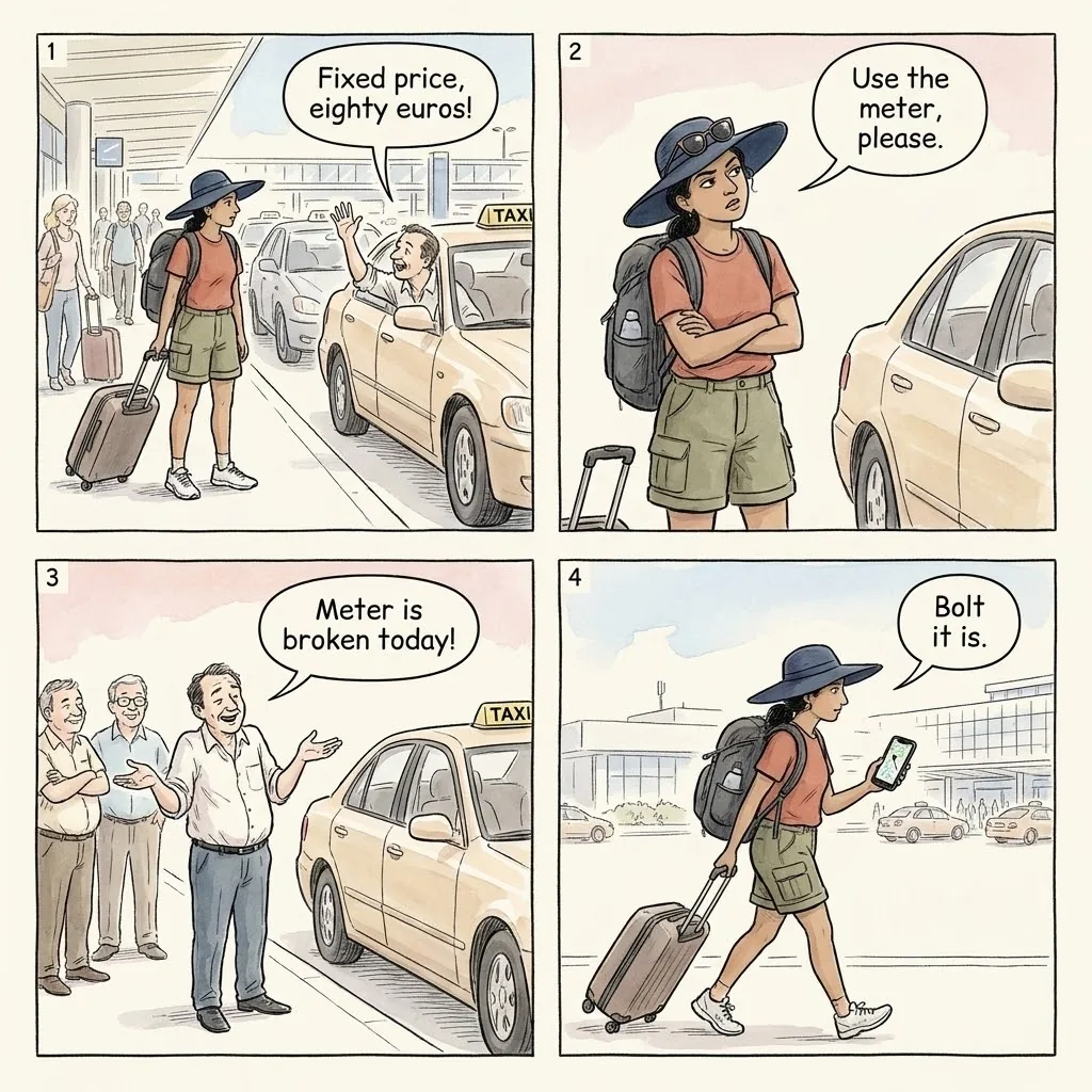 Vienna Airport Taxi Fixed-Price Shakedown — comic illustration