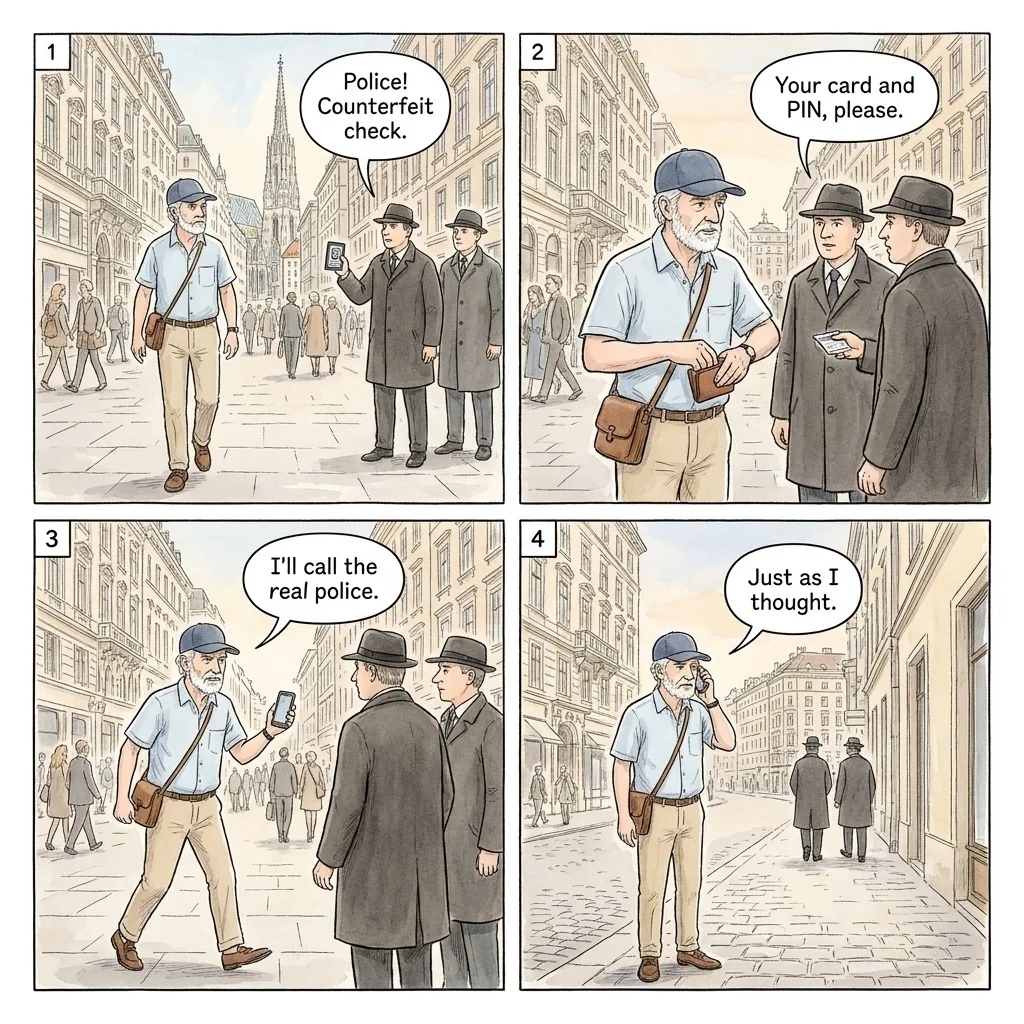 Fake Police 'ID Check' PIN Extraction — comic illustration