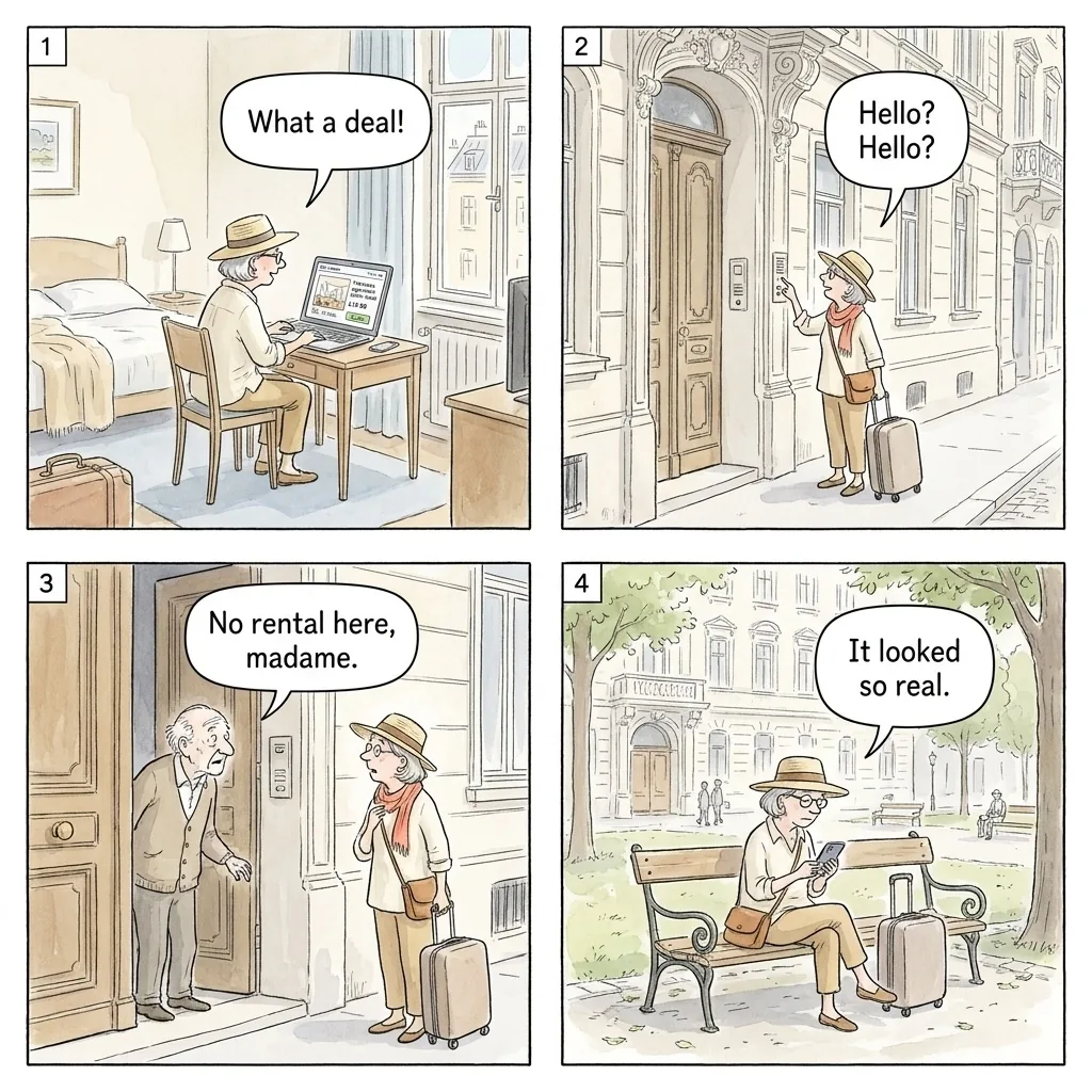 Fake Apartment & Airbnb Listings — comic illustration