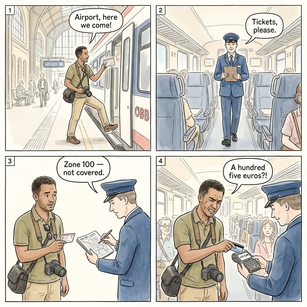 Airport-Train Zone Trap & the 105-Euro Fine — comic illustration