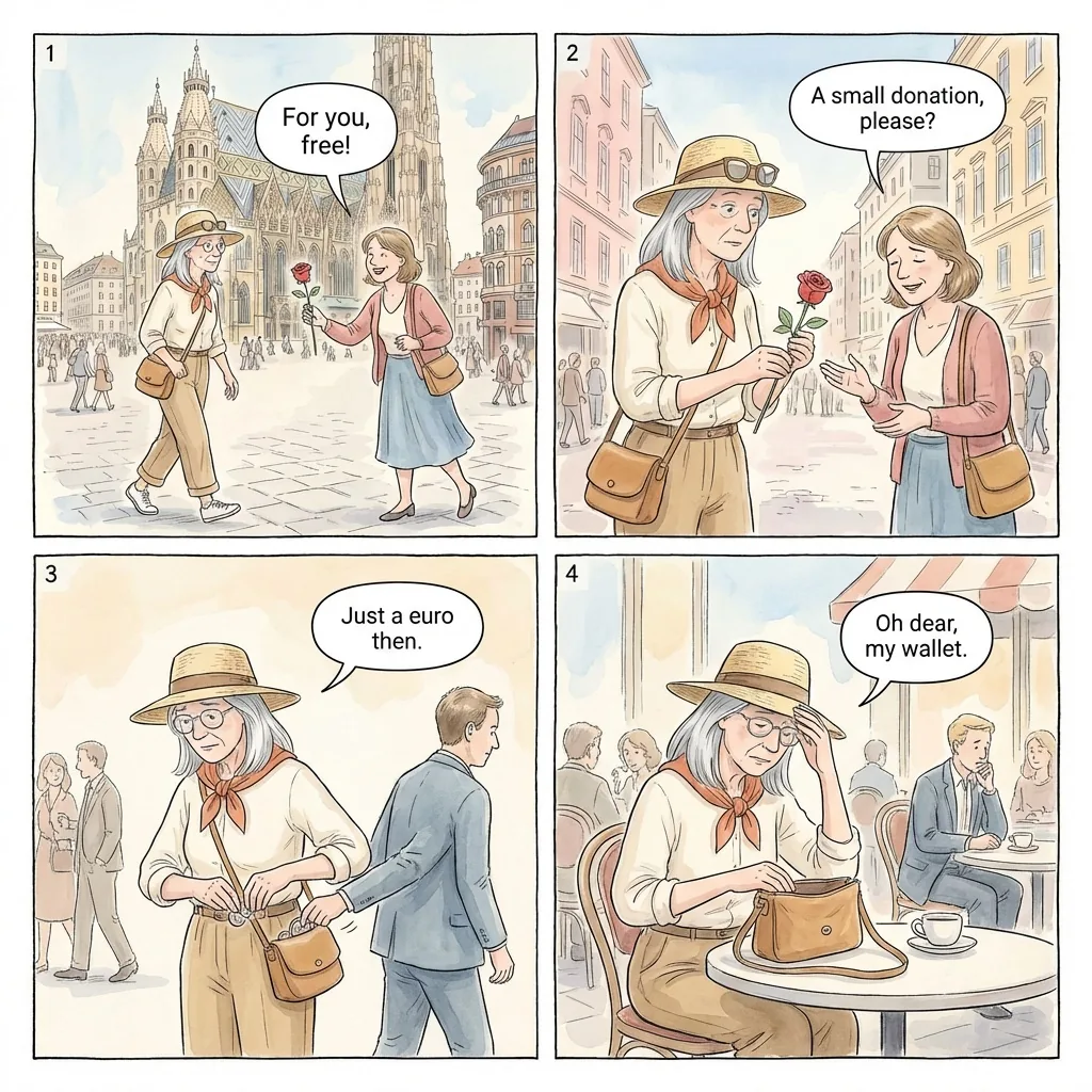 Distraction Theft: Flower, Bracelet, Petition, 'Munich Ticket' — comic illustration