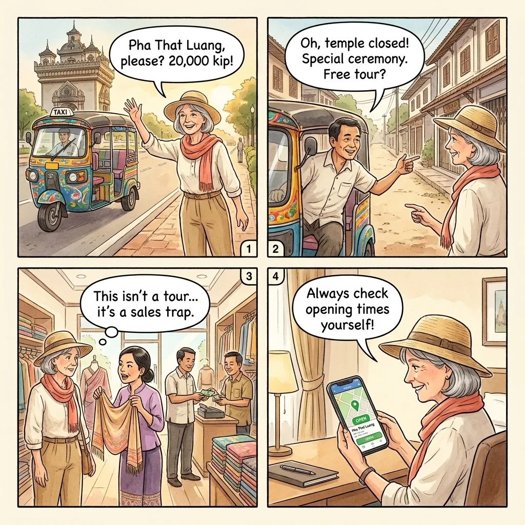 Tuk-Tuk Overcharge and 'Free City Tour' Redirect — comic illustration