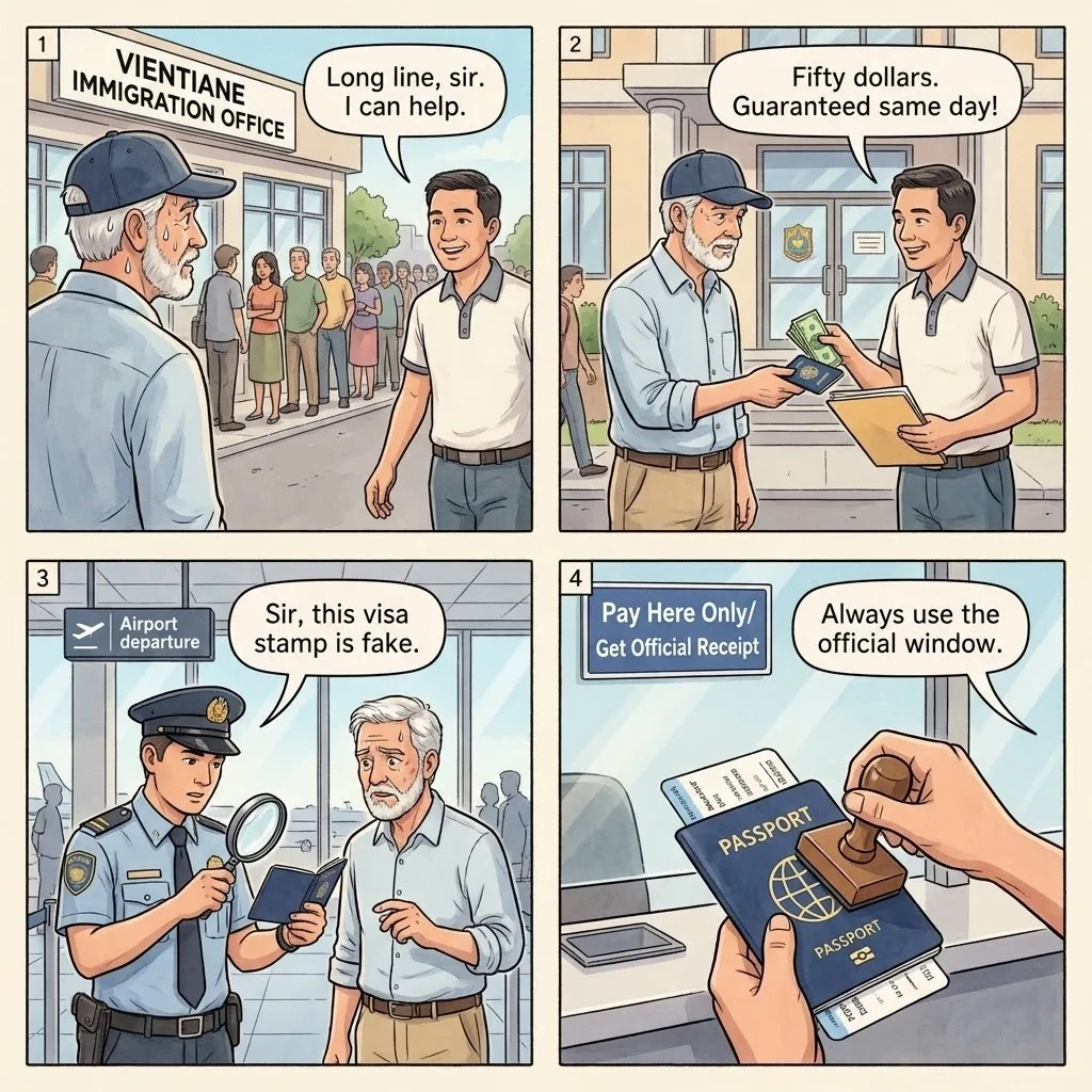 Visa Extension / Immigration 'Fee' Scam — comic illustration