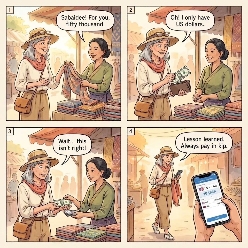 Currency Confusion / Kip-Baht-Dollar Mix-Up — comic illustration