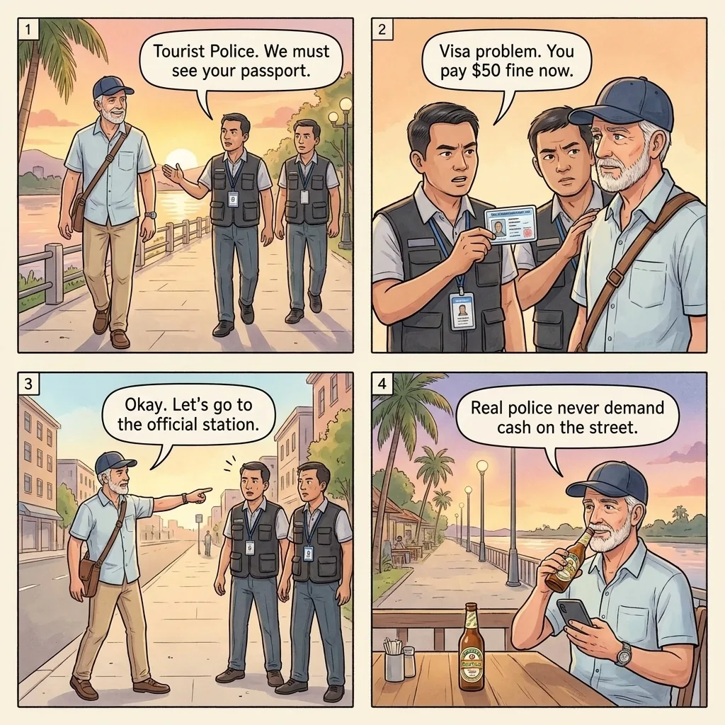 Fake 'Tourist Police' Shakedown — comic illustration