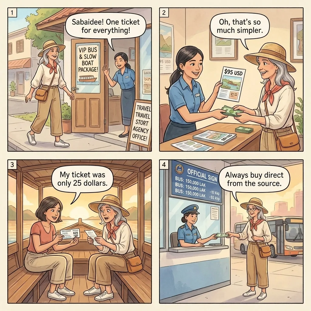 Slow Boat 'Upgrade' / Ticket Agent Overcharge — comic illustration