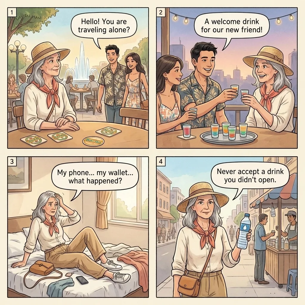 Drugged Drinks / Vang Vieng-Style Risk in Vientiane Bars — comic illustration