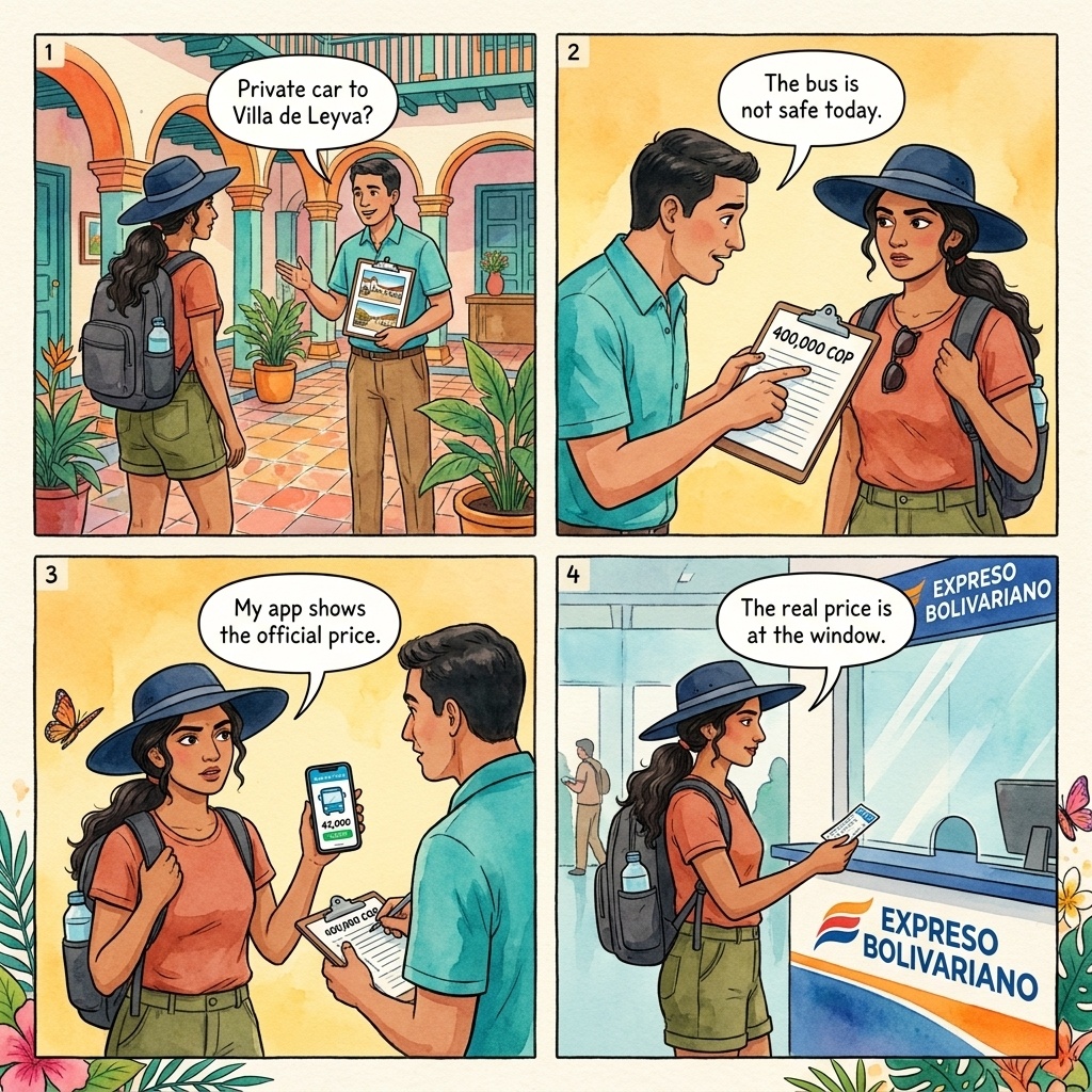 Bogotá–Villa de Leyva Hostel Private-Driver Markup — comic illustration