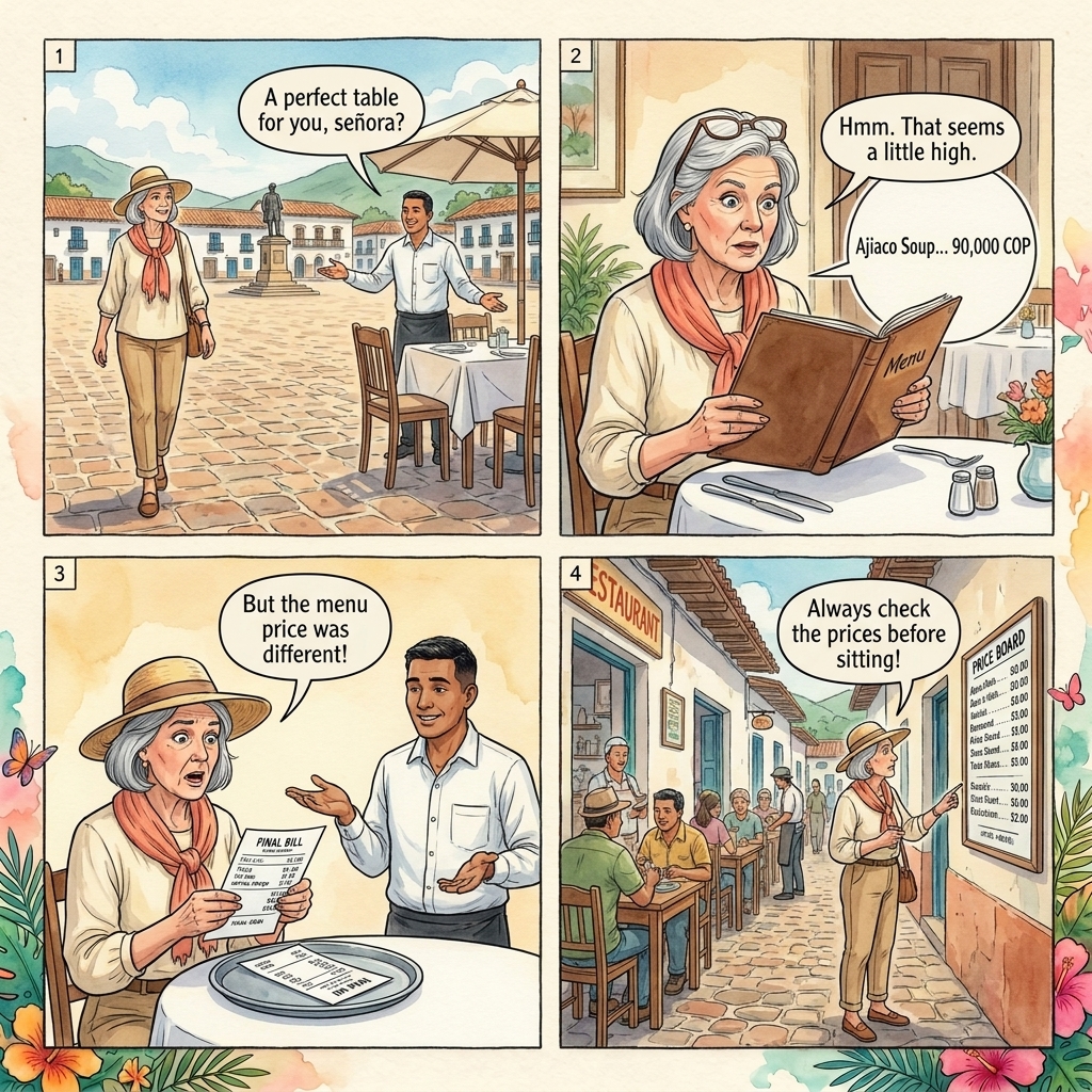 Plaza Mayor Restaurant Tourist-Menu Switch — comic illustration