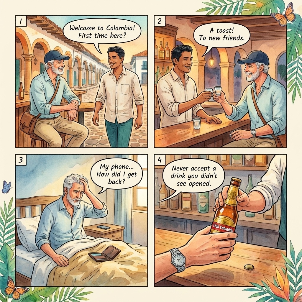 Calle Caliente Bar Drink-Spike & Robbery — comic illustration