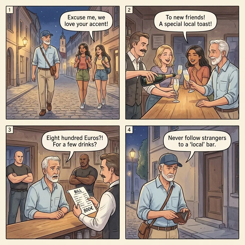 The Vilnius Old Town Honey-Trap Bar Bill — comic illustration