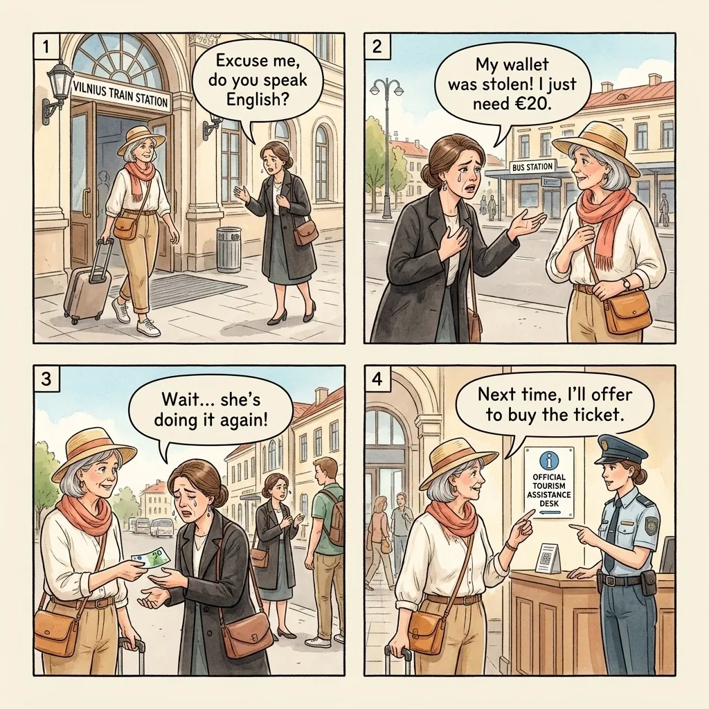The Vilnius Train Station Bus-Ticket Sob Story — comic illustration