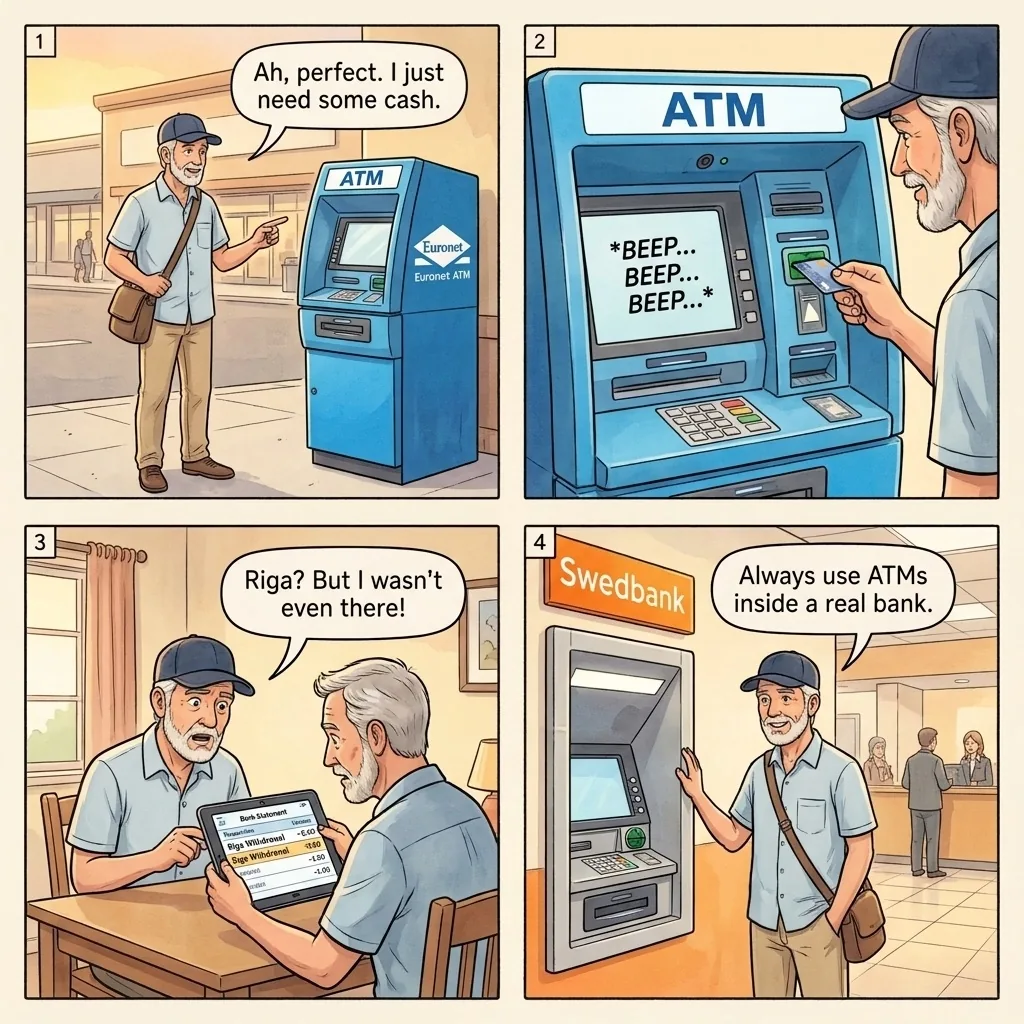 The Vilnius Standalone ATM Skimmer Trap — comic illustration