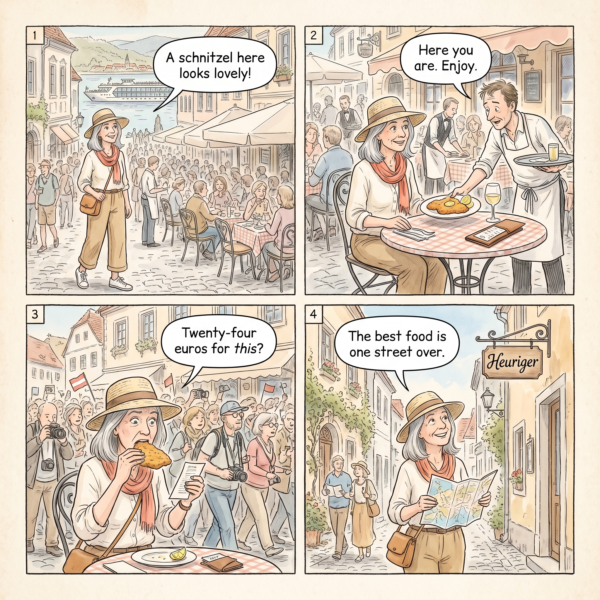 The Dürnstein Cruise-Crowd Restaurant Rush — comic illustration