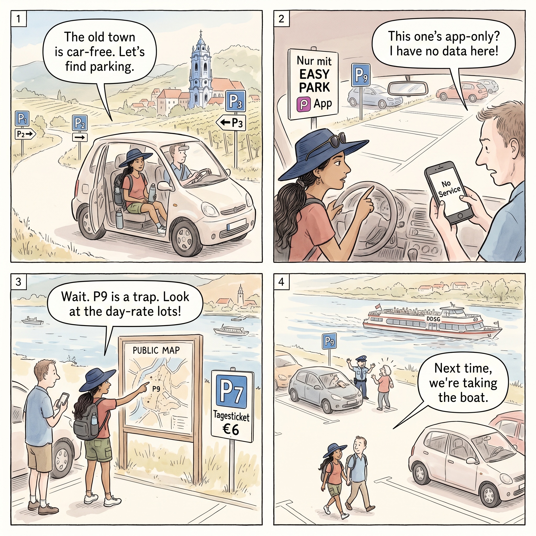 Dürnstein Parking Maze and App-Only Trap — comic illustration