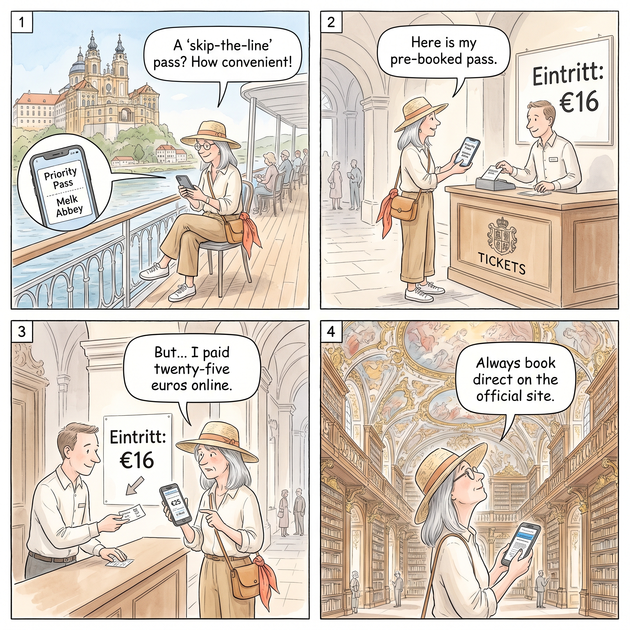 Melk Abbey Reseller Markup and Closing-Time Trap — comic illustration