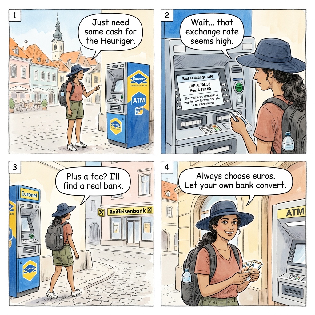 Euronet ATM and Currency-Conversion Trap in Krems and Melk — comic illustration