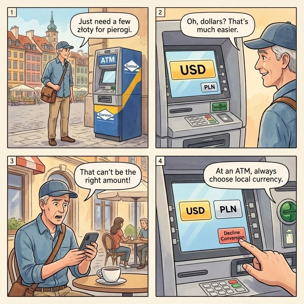 Dynamic Currency Conversion  ATM Scam — comic illustration