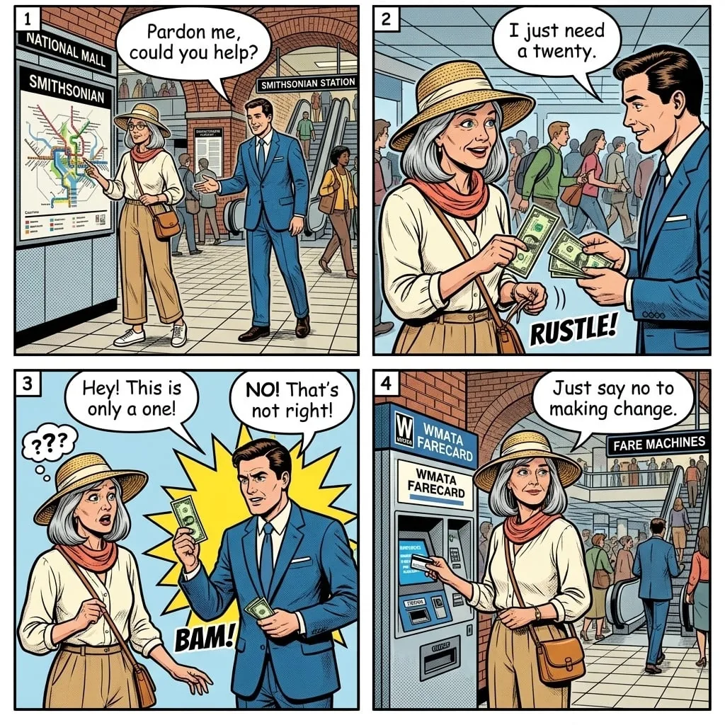 Metro Station Change Scam — comic illustration