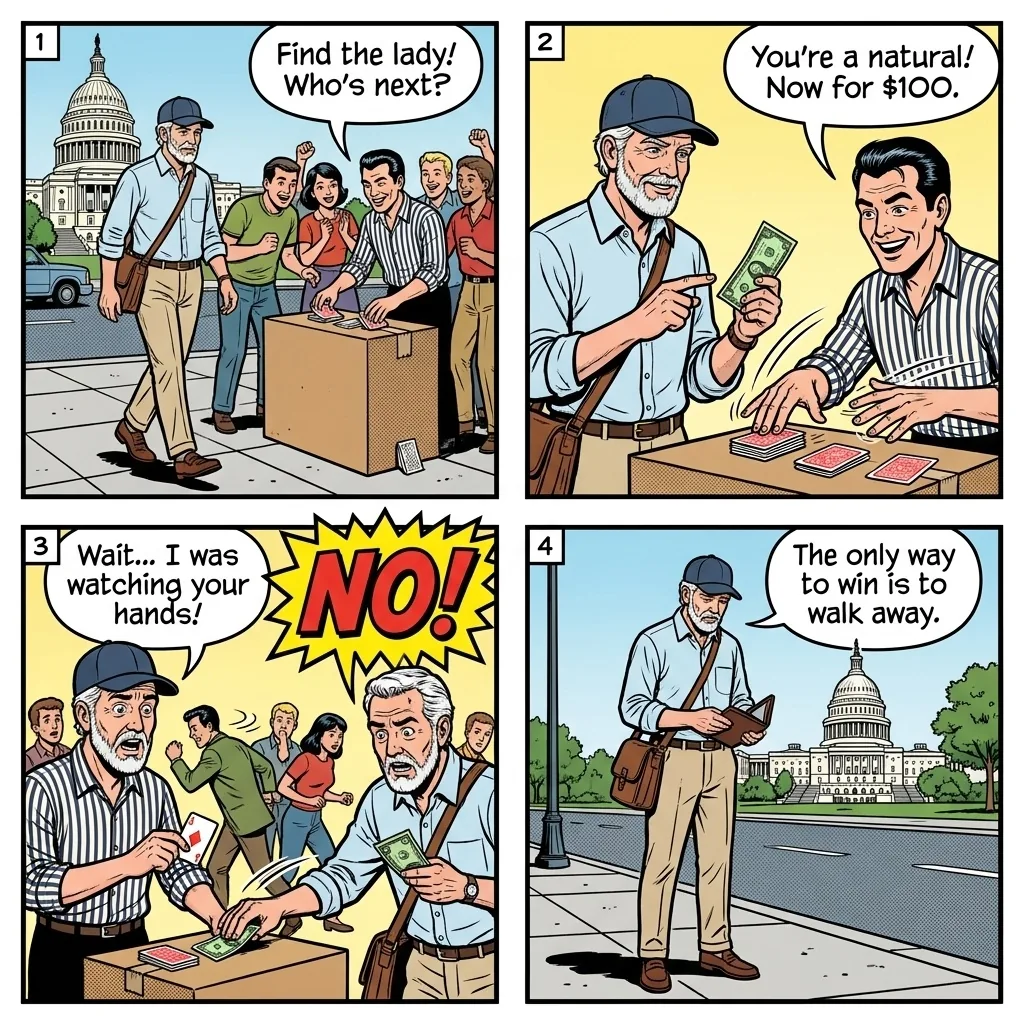 Three-Card Monte Gambling Hustle — comic illustration