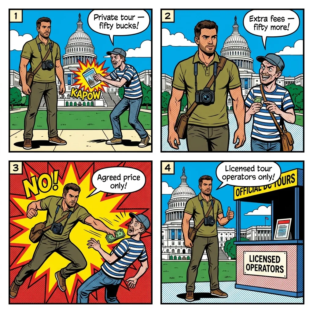 Fake Tour Guide Solicitation — comic illustration