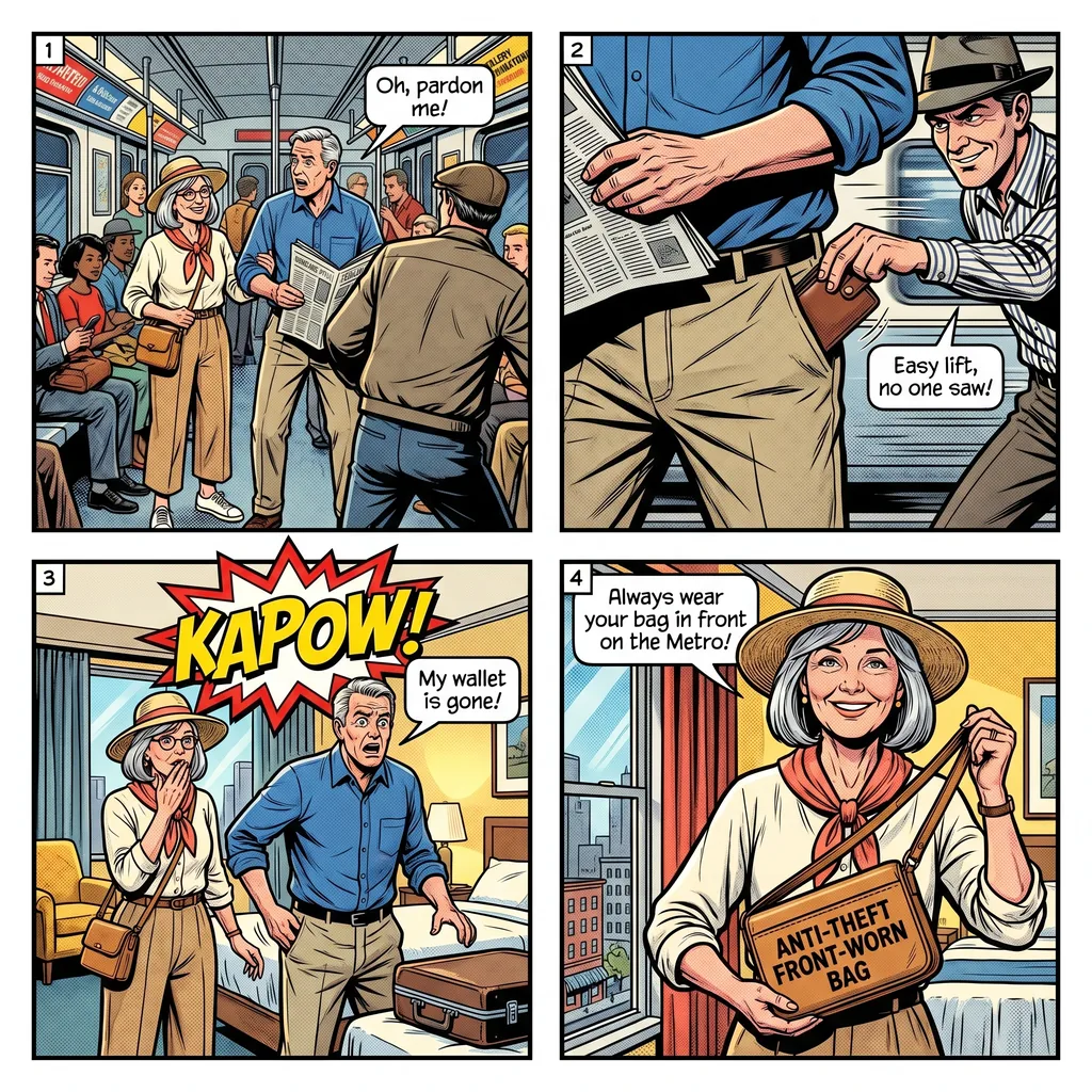 Distraction Pickpocketing on the Metro — comic illustration