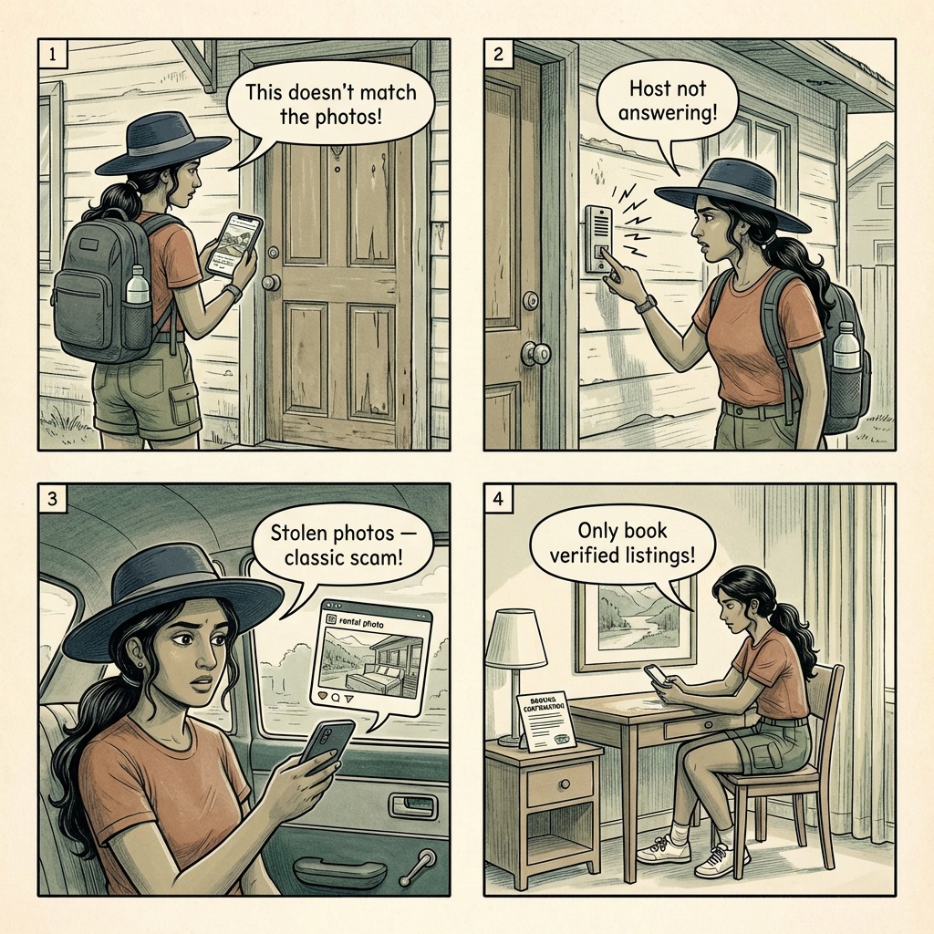 Whistler Vacation Rental Fraud — Craigslist & Mountaincountry Scams — comic illustration