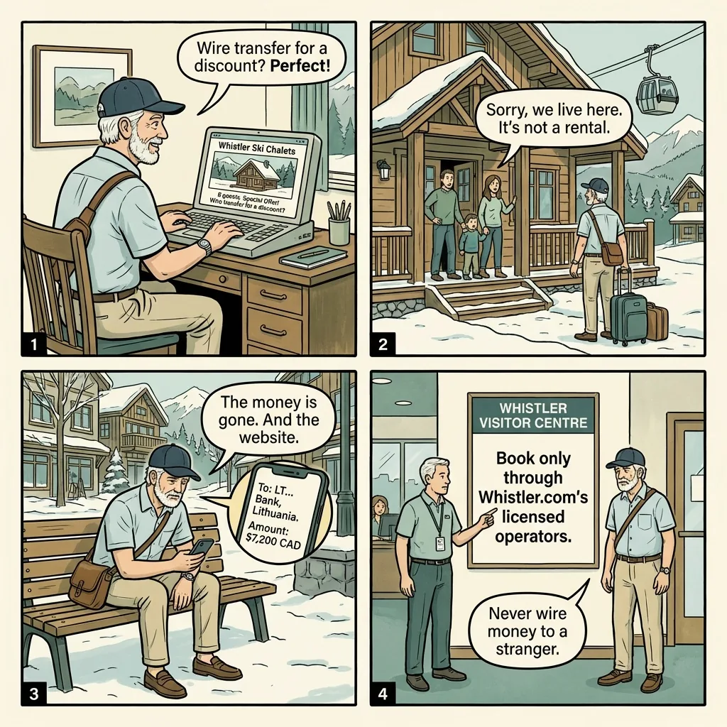 Whistler Vacation Rental Fraud — Craigslist & Mountaincountry Scams — comic illustration