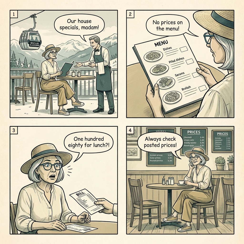 Whistler Restaurant 'Subtle' Bill-Padding Scam — comic illustration