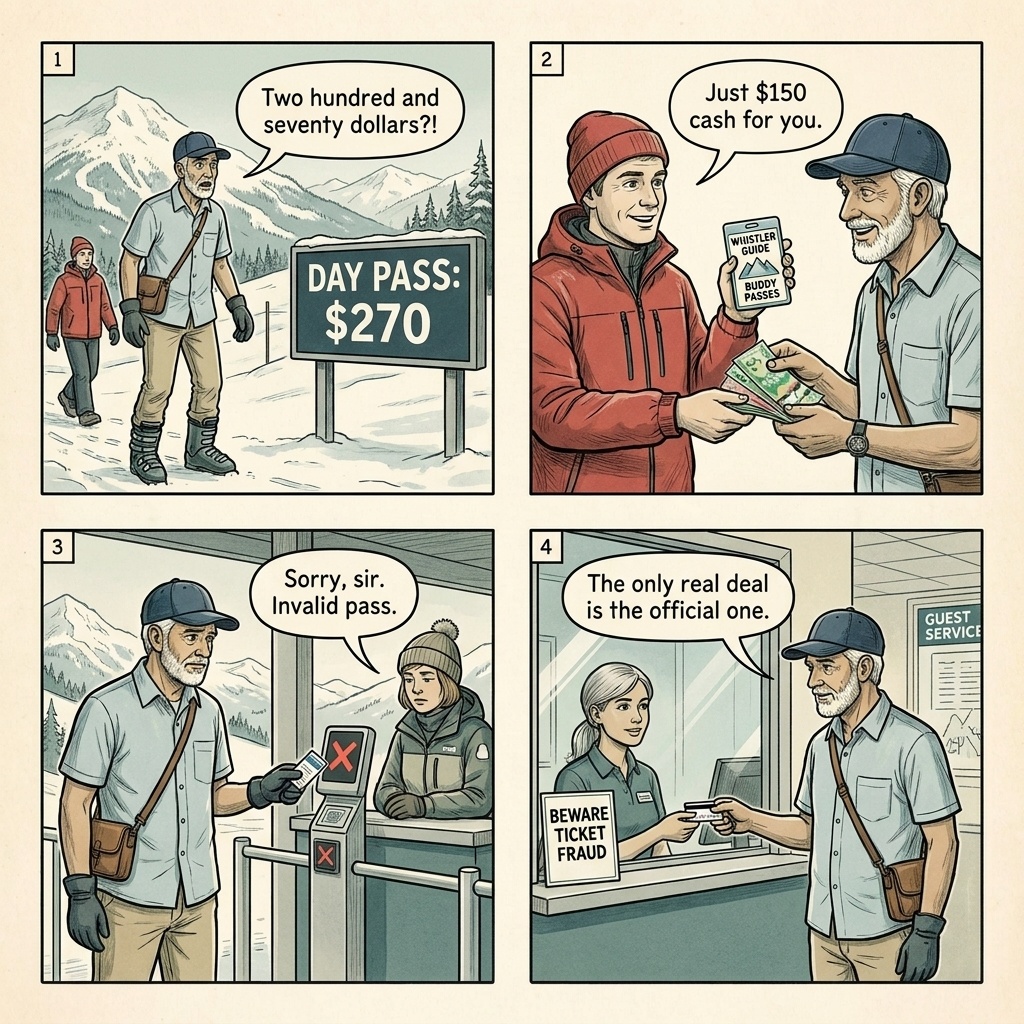 Whistler Blackcomb Lift-Ticket Resale & 'Discount Pass' Fraud — comic illustration