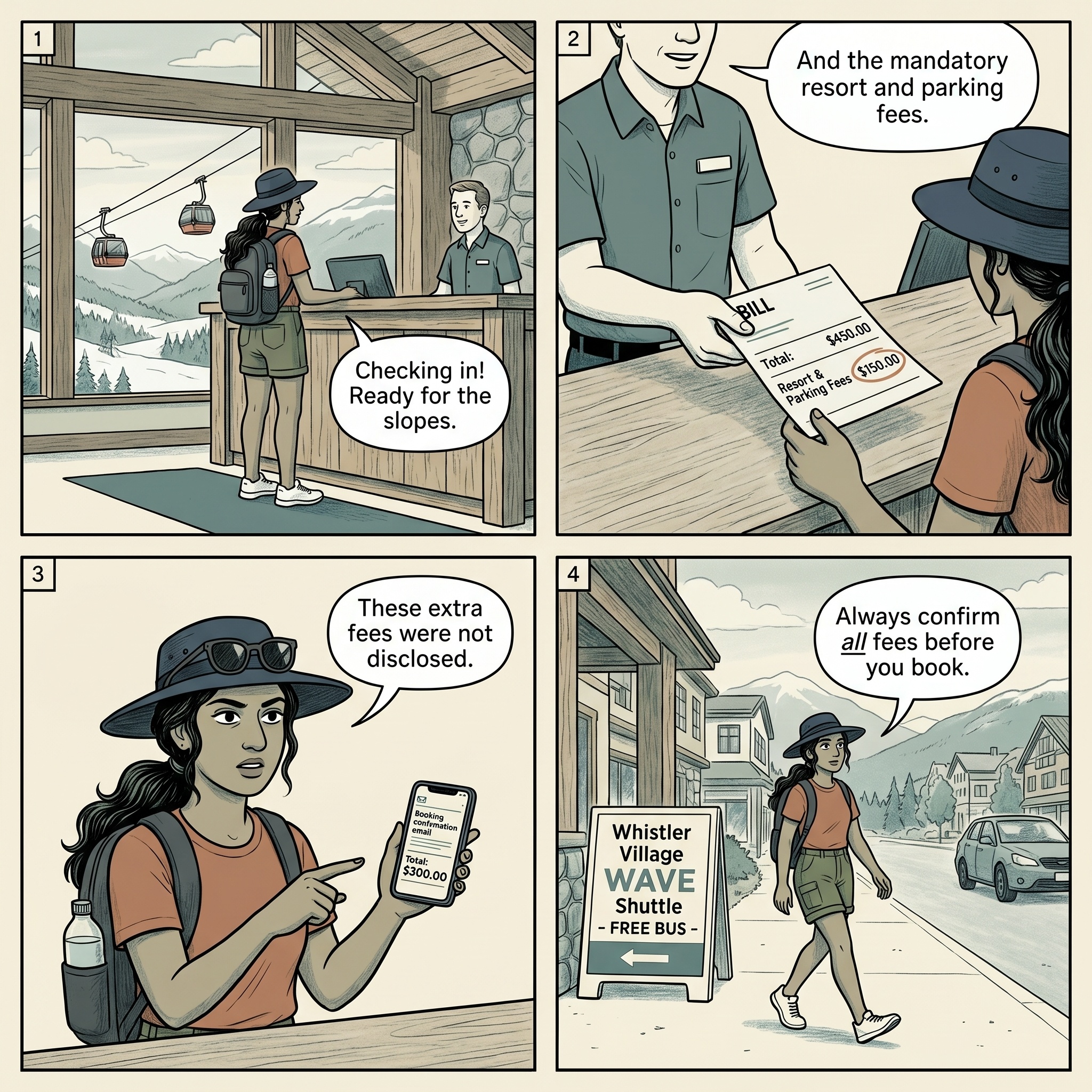 Whistler Hotel Parking & Resort-Fee Inflation — comic illustration