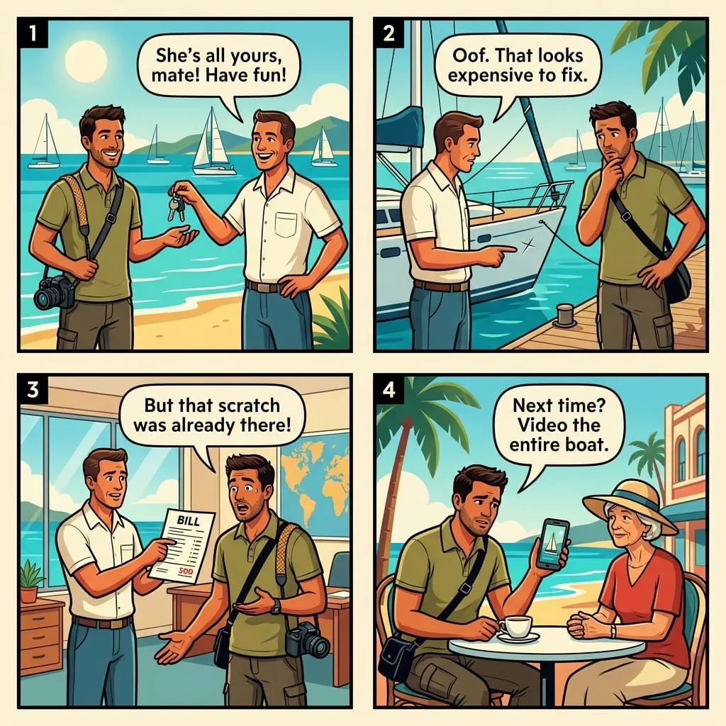 Whitsundays Sailing Charter Damage-Deposit Scam — comic illustration