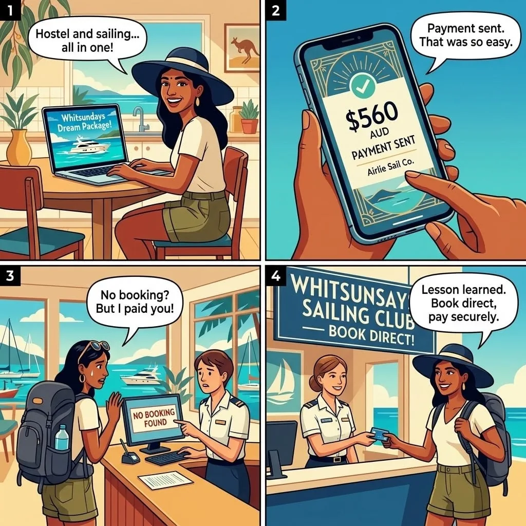 Airlie Beach Backpacker Hostel & Sailing Trip Prepay Scam — comic illustration