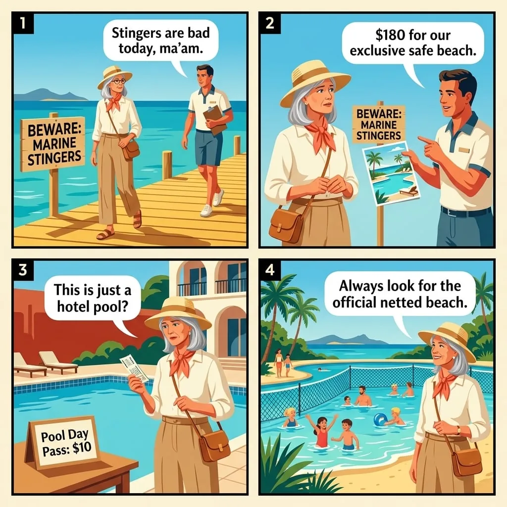 Whitsundays Stinger Protection & 'Exclusive Beach' — comic illustration