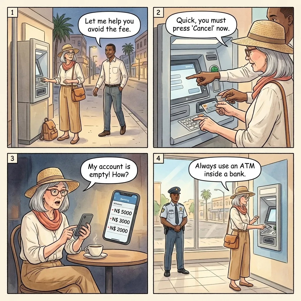 The Windhoek CBD ATM 'Helper' Card Swap — comic illustration