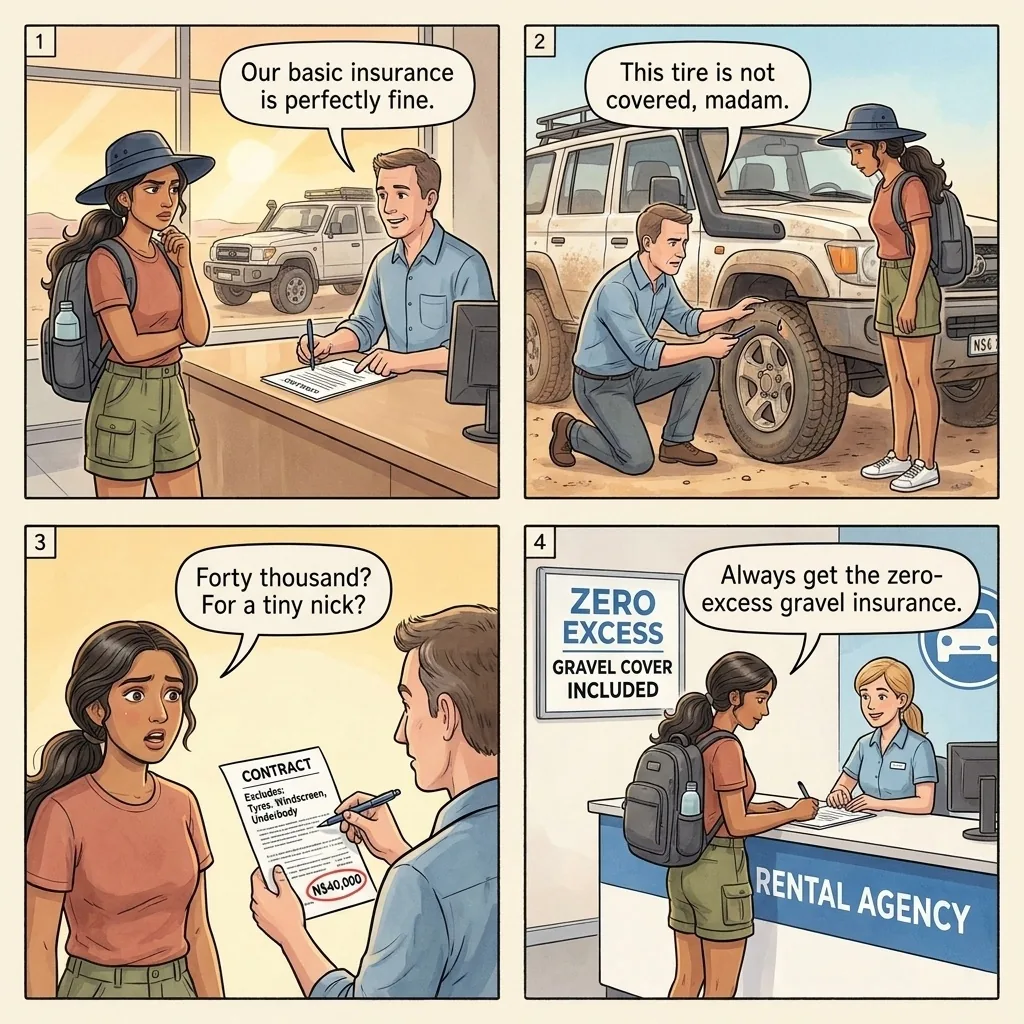The Windhoek 4x4 Rental Gravel-Excess Trap — comic illustration